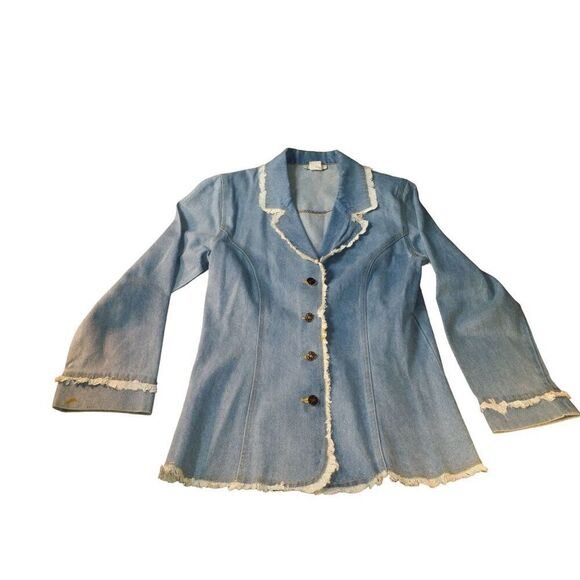 Vintage Maria Gabrielle New York Denim Jacket Women Sz 8 Frayed Blue Cottagecore - Picture 1 of 9